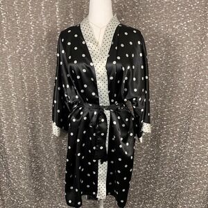 Vintage Sedu Short Belted Wrap Satin‎ Robe Polka Dots Women's Medium